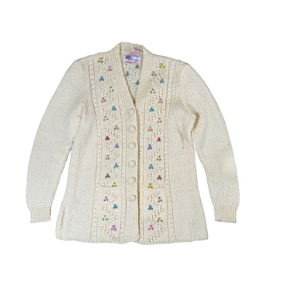 Smith's Bermuda Hand Knitted Wool Cardigan Cream Floral Embroidered England S